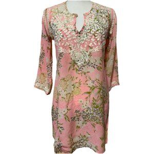 Amaya Silk Tunic Dress Embroidered Floral Pink Size 6 3/4 Sleeve